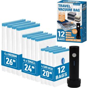 Travel Vacuum Storage Bags with Electric Pump, 12 Combo Travel Packing Bags for Luggage and Suitcase, Carry-on Size Compression Space Saver for Clothes and Clothing