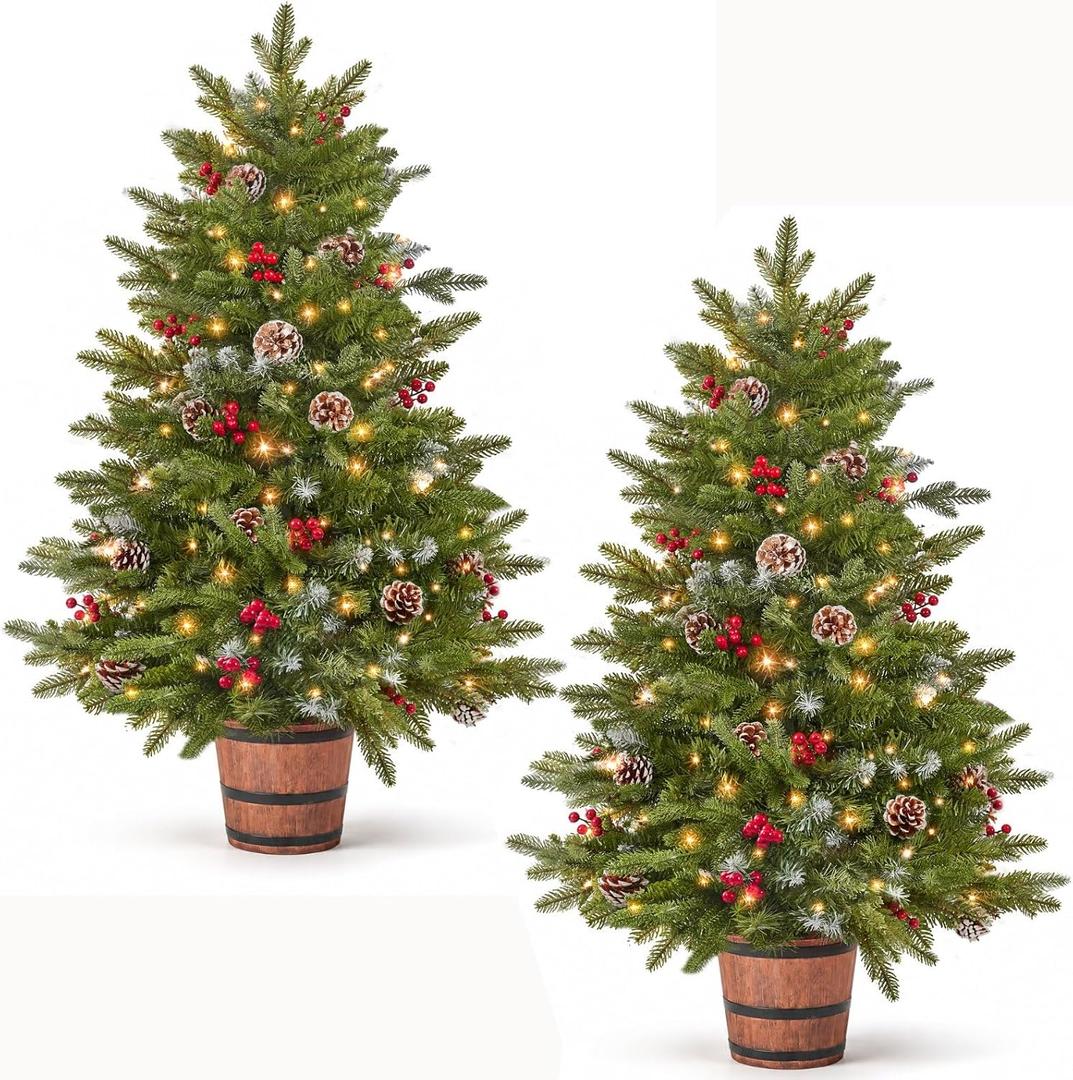 TigeJoy 4FT Flocked Potted Trees, Warm LED Battery Operated, 2-Pack
