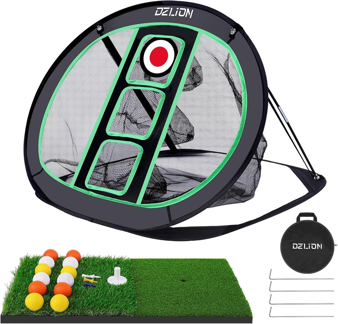Golf Chipping Net and Mat Set - Pop Up Foldable Indoor Training Target with 2 Hitting Mats and 12 Practice Balls - Gifts for Men, Golfers, Teenage Boys