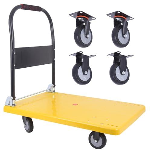 Foldable Heavy Duty Push cart, 660 lbs Dolly with Swivel Wheels for Home、Warehouse or Garage - Yellow