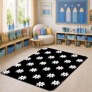 3.3x4 ft Daisy Flower Classroom Rug Daisies on Black Play Carpet Educational Area Rug Daisies Black Play Mat Non-Slip Flower Floor Mat for Teaching Playroom Nursery Daycare Bedroom Home Decor