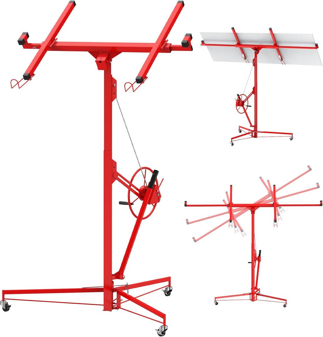 16FT Drywall Lift, Heavy Duty Sheetrock Hoist with Winch - 150 Lbs Adjustable Telescopic Arm, 360 Rotatable Panel Hoist, Locking Casters, Foldable Sheetrock Lifter for Ceiling and Home Improvement (Red)