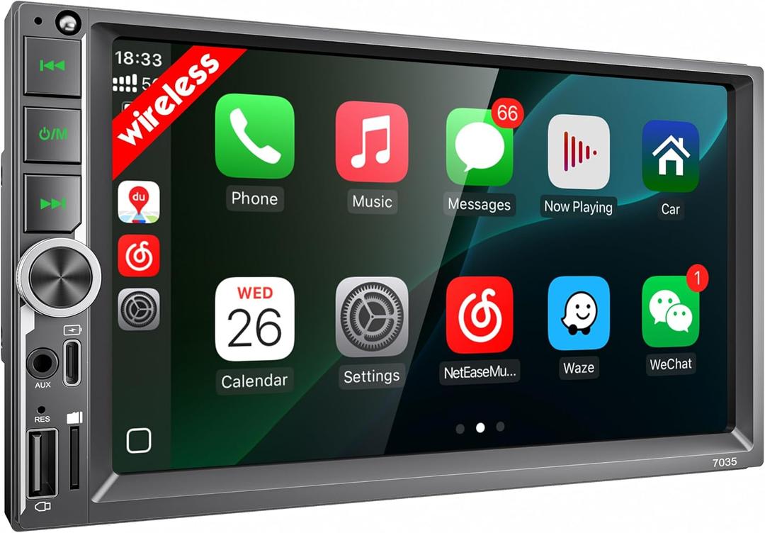 7'' Double Din Car Stereo with Upgraded Wireless Apple Carplay & Android Auto, 240W Powerful Sound, Bluetooth Handsfree, RDS/FM/AM Reiceiver, USB Type-C Charge/AUX/TF Full Ports, Touchscreen Radio