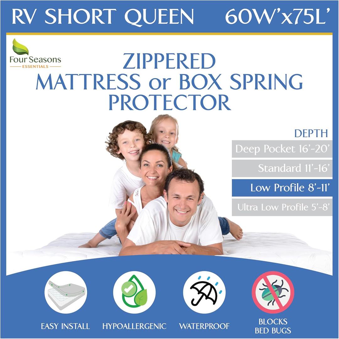 RV Short Queen Mattress Protector (8 to 11 Depth) - Waterproof Zippered Encasement 60" W x 75L Premium Quality Hypoallergenic Bed Cover Protects Against Bedbugs Dust
