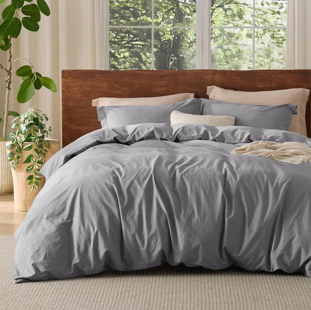 Bedsure 100% Washed Cotton Duvet Cover King Size - Grey Minimalist Cotton Duvet Cover Linen Like for All Seasons - GentleSoft Plain Simple Bedding, 3 Pieces (Grey, King, 104"x90")