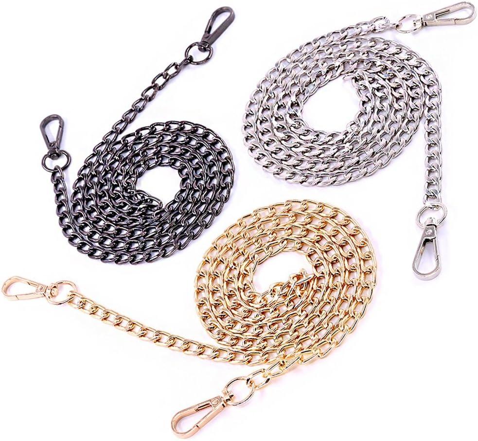 Swpeet 3Pcs Premium Polished Metal Chain Fashion 47 Inche Replacement Flat Chain Strap with Buckles Set, Perfect for DIY Metal Shoulder Cross Body Bag Hand Bag Purse ReplacementGold+Silver+Gun-Black