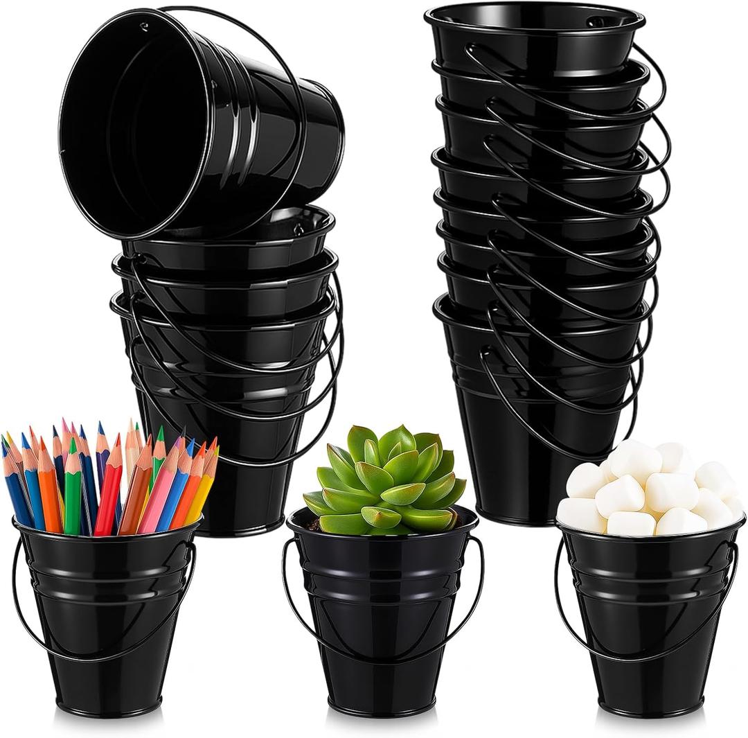 Sadnyy 12 Pcs 3.5 Inch Small Metal Buckets with Handle, Mini Metal Pail Tin Galvanized Pail Container for Crayon Storage Wedding Table Decorations Trick or Treat Flower Plant Party Gift (Black)