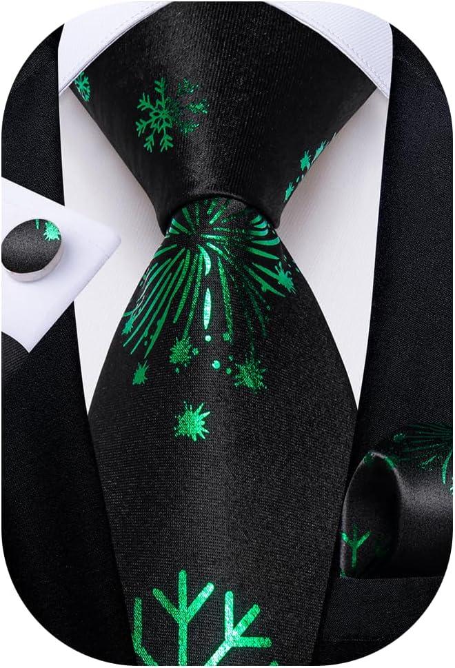 DiBanGu Christmas Ties for Men Festival Mens Holiday Tie and Pocket Square Set Santa Xmas Party Vacation Necktie (Black and Green)
