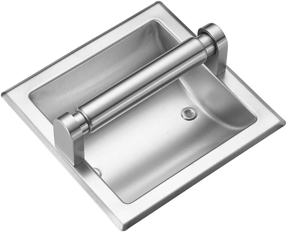 Recessed Toilet Paper Holder Brushed Nickel in Wall Toilet Roll Holder for Mega Roll Metal Bathroom Tp Hanger Storage in Cabinet for Small Spaces Durable Space Saving Design with Mounting Bracket