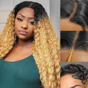 Curly Human Hair Wig Omber T 27 Lace Frontal Closure Deep Curly Human Hair Wig Pre Plucked Pre Cut Lace Frontal Closure Glueless Wigs Elastic Band 200% Density