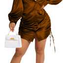 Women's Sexy Button Down Shirts Loose Collar Long Sleeve Ruched Silk Cloth Night Out Club Mini Wrap Dress Drawstring (Medium, Brown)