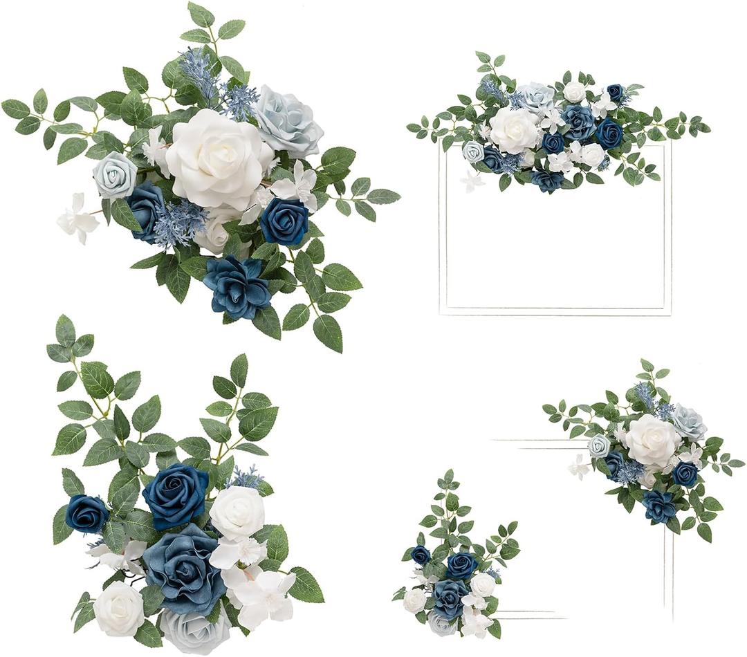 Ling's moment 2pcs Fall Wedding Artificial Floral Swag Welcome Sign Flowers Backdrop Garland Dusty Blue Navy for Ceremony Reception Door Wall Easel Home Decoration Entryway Outdoor Head Table Decor