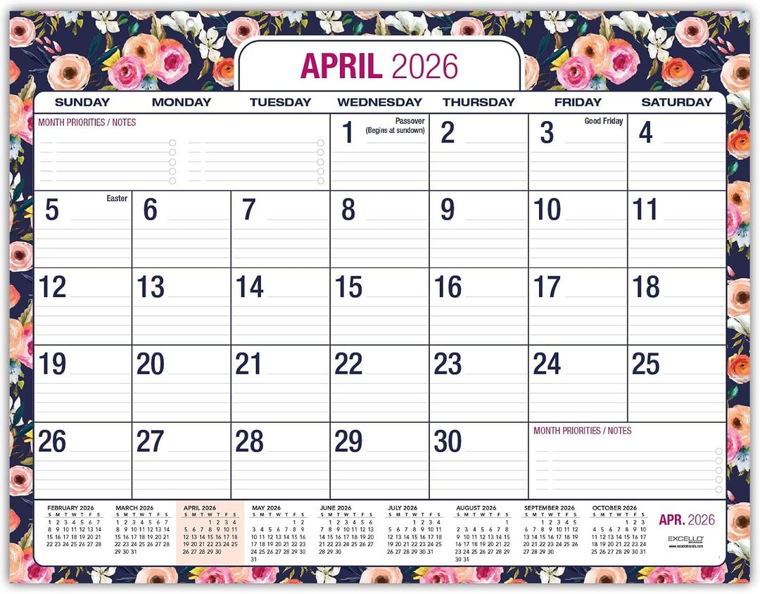 Desk PAD: 22" x 17" Large Print Desk Pad Calendar, APR 2026 - DEC 2027, 21 Months, (Small Navy Floral)
