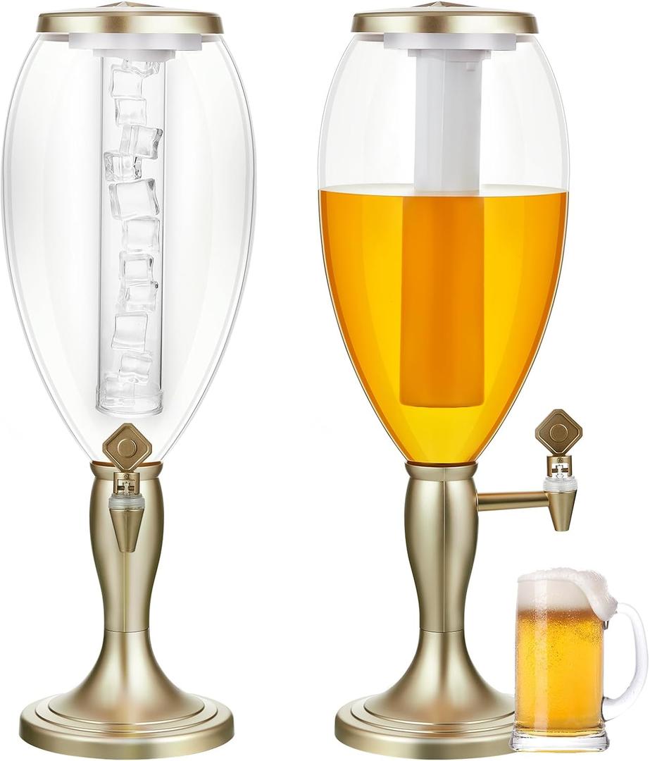 Irenare 2 Pack Beer Dispenser 5L/169oz Beer Beverage Dispenser with Ice Tube Mimosa Margarita Tower with Spigot for Game Oktoberfest Party Home Bar Drink Champagne Gold