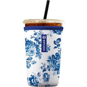 Iced Coffee Sleeve  Neoprene Reusable Cup Sleeves for Drinks, Insulated Drink Sleeves to Keep Hands Dry & Drinks Cold, Stylish & Durable Coffee Sleeves (Blue Porcelain Bloom, Medium: 22-29oz)