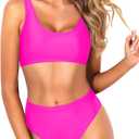 Tempt Me Women Two Piece Scoop Neck Bikini Crop Top Swimsuit Sporty High Waisted Bathing Suit (Hot Pink, M)