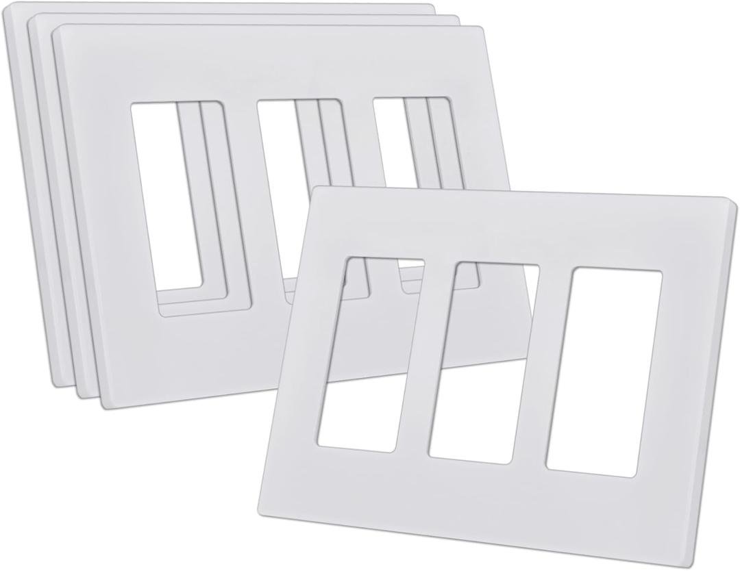CML Screwless Decorator Wall Plates, 3-Gang Wall Safe Outlet Cover, 4 Pack Hidden Screw Switch Plate, Standard Size 4.68X 6.54, Impact Resistant, White