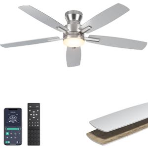 Ohniyou Ceiling Fans with Lights, 52'' Low Profile Ceiling Fan with Light and Remote/APP Control, Modern Flush Mount Ceiling Fan for Indoor Bedroom Living Room, Dimmable, Quiet DC Motor, Silver