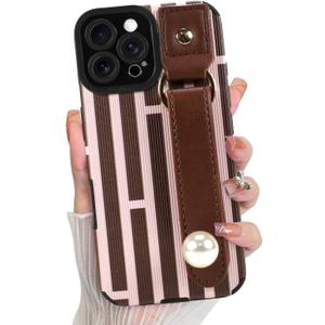 LSL for iPhone 16 Pro Case with Wrist Strap Kickstand, Cute Stripes Vertical Lines Pattern, Camera Protection Slim Soft TPU Shockproof Anti-Scratch Protective Case for Women Girls, Brown