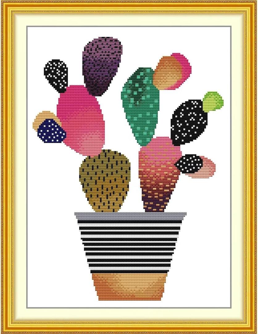 ITSTITCH Stamped Cross Stitch Kits - Full Set of Embroidery for Beginners or Adults,14 CT 2 Strands DIY Colorful Cacti Patterns Counted Arts Craft 11.815.7 inch