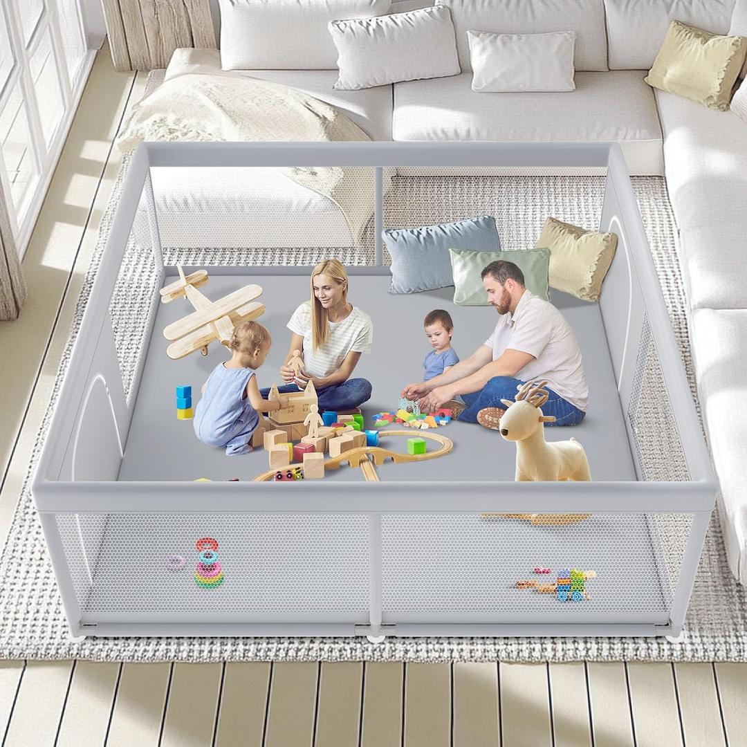Fshibila 79" 79" Extra Large Baby Playpen, Baby Playard for Babies and Toddlers, BabyFence Play Pens for Indoor & Outdoor, Sturdy Safety Play Yard with Soft Breathable Mesh, Anti-Fall, Grey