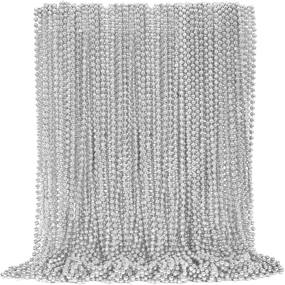 EOBOH 72PCS Bead Necklace, Silver Christmas Bead Necklace Party Favors Bulk, 33" Xmas Necklaces Stuff, Festival Events Parade Throw Accessories for Xmas Mardi Gras Wedding Birthday Celebrations Decor