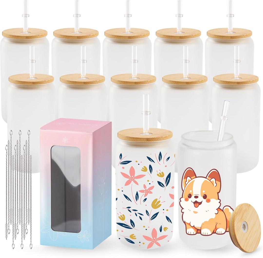 Joyclub 12 Pack Sublimation Blanks Bulk Frosted Glass Cups with Lids and Straws 16oz, Sublimation Glass Tumbler Blanks Beer Can Shaped Mugs for Iced Coffee Smoothie Soda Boba Tea Cocktail DIY Gift
