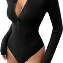 MakeMeChic Women's Long Sleeve Bodysuit Turtleneck Shapewear Half Zip Up Going Out Sexy Tops (Large, Black)
