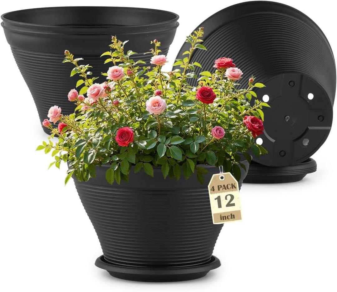 4 Pack 12 Inch Plant Pots with Saucers, Plastic Flower Pots with Drainage Holes, Large Planters for Indoor Outdoor Garden, House Plants, Flowers, Herbs, Gardening Gifts, Black