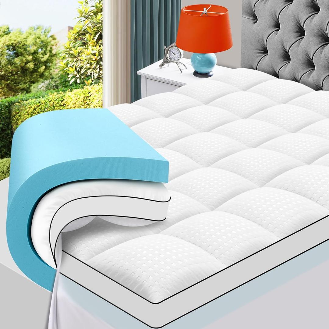 King Size Dual Layer 4 Inch Memory Foam Mattress Topper, 2 Inch Gel Memory Foam and 2 Inch Cooling Pillow Top Mattress Pad Cover for Back Pain, Medium Support (King)