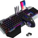 Wireless Gaming Keyboard and Mouse Combo,Rainbow LED Backlit Keyboard with Rechargeable 3800mAh Battery Metal Panel,Removable Wrist Rest Mechanical Feel and 7 Color Mute Gaming Mice for PC PS4 PS5 (Black LED Mix)