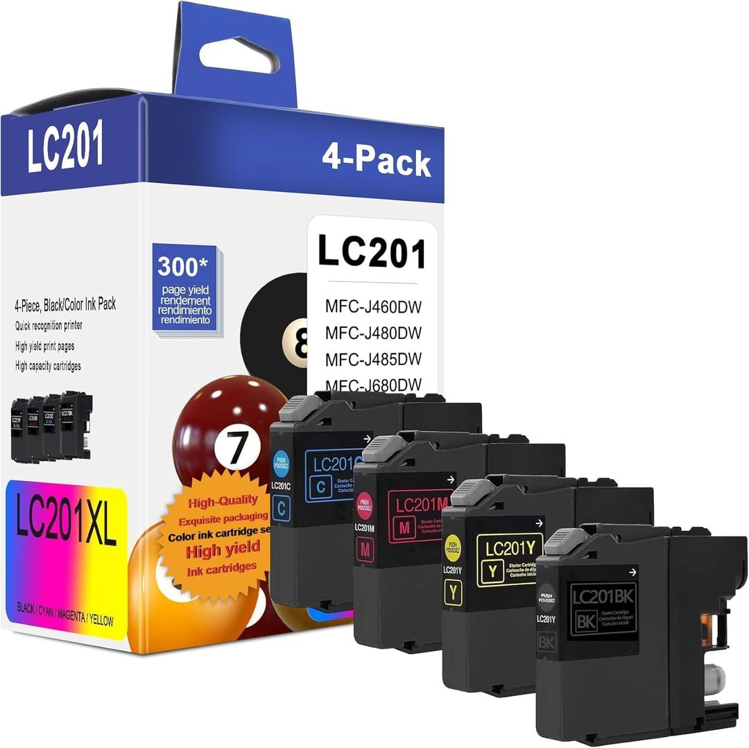 LC201 (LC-201) Color (BK/C/M/Y) Ink Cartridge 4-Pack (Includes 1 LC201BK, 1 LC201C, 1 LC201M,1 LC201Y) - LC203 Ink Cartridge Replacement for Brother MFC-J460DW MFC-J480DW MFC-J485DW MFC-J880DW Printer