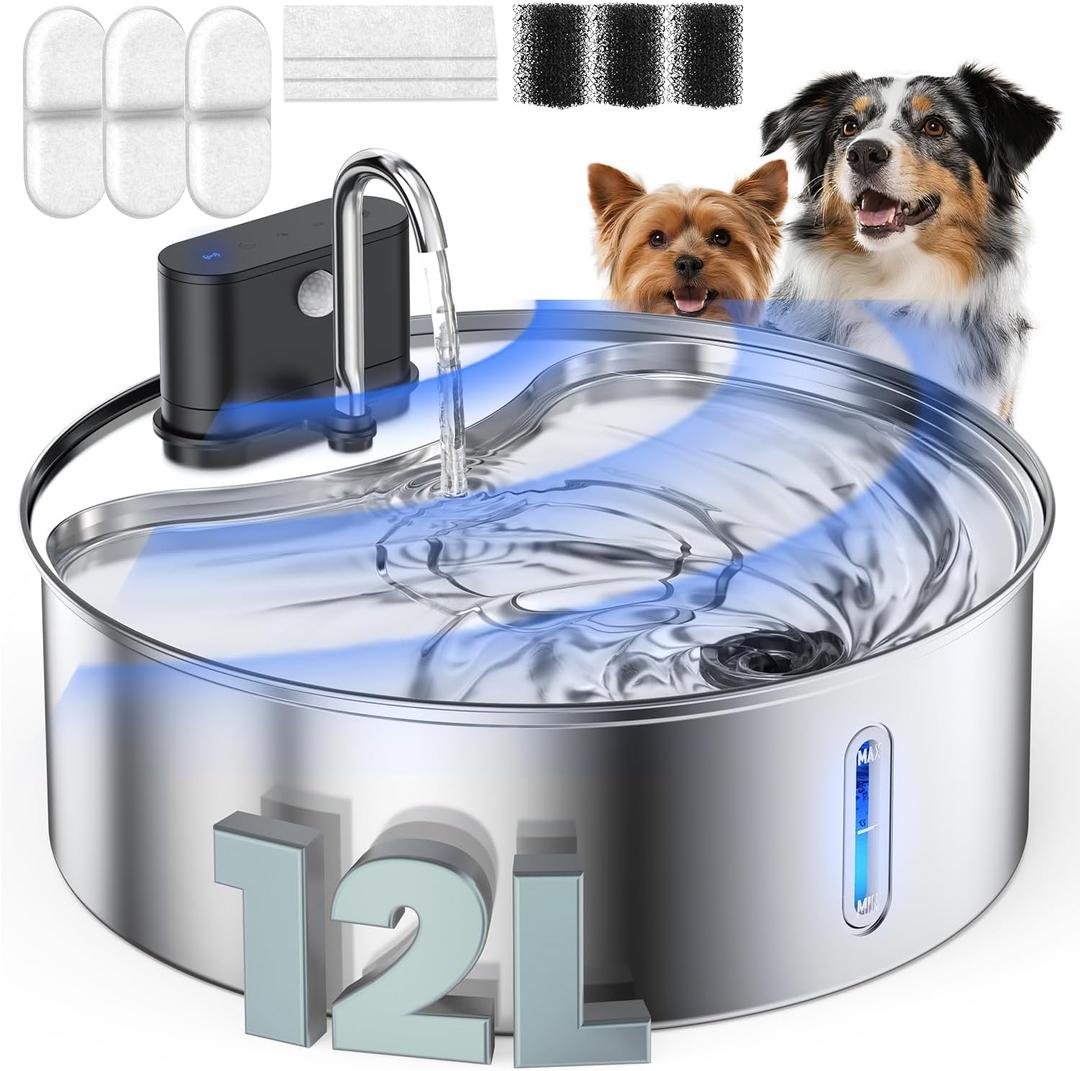 Wireless Dog Water Fountain Stainless Steel with Sensor 12L/3.2Gal Cordless Automatic Water Dispenser Quiet Pump BPA-Free Automatic Cat for Drinking, Easy Clean for Cats Dogs Pets