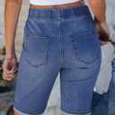 luvamia Bermuda Shorts for Women Jean Pull On Elastic Waist High Waisted Knee Length Fold Hem Stretchy Denim Womens Long Shorts Classic Blue Size Medium Fits Medium, Classic Blue