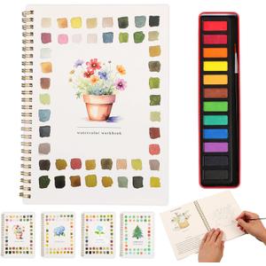 Watercolor Workbook  Water Coloring Book, Beginner Watercolor Painting Kit Paint Set Workbook with 12 Watercolor Paints & Brush (Potted Plant)