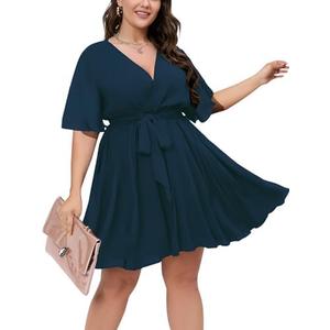 SCOMCHIC Women's Plus Size Summer Dresses Short Sleeve Wrap V Neck A Line Skater Mini Short Dress 1XL
