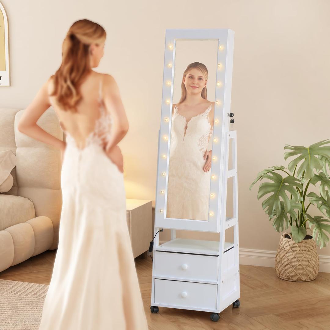 Jewelry Armoire Cabinet Organizer Standing with 20 LED Lights Lockable Full Length Mirror with Storage Shelves and 2 Drawers (White) Adjustable Tilt Angles Gift for Her