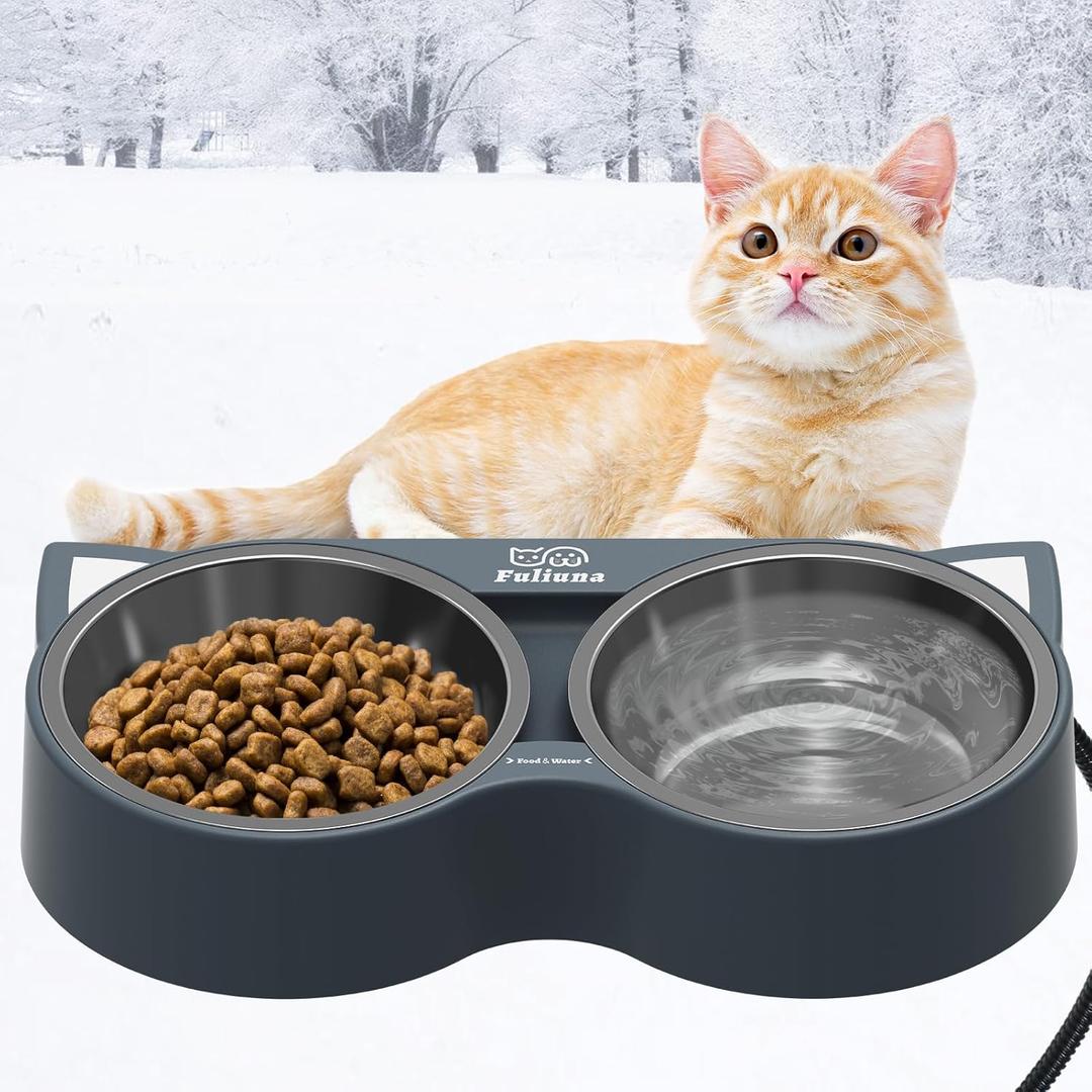 Heated Cat Bowl, Outdoor Heated Pet Bowl with Double Stainless Steel Bowl 23 OZ, Water Food Bowls for Cat Pet, Thermal Pet Bowl Provide Drinkable Water and Hot Food in Winter