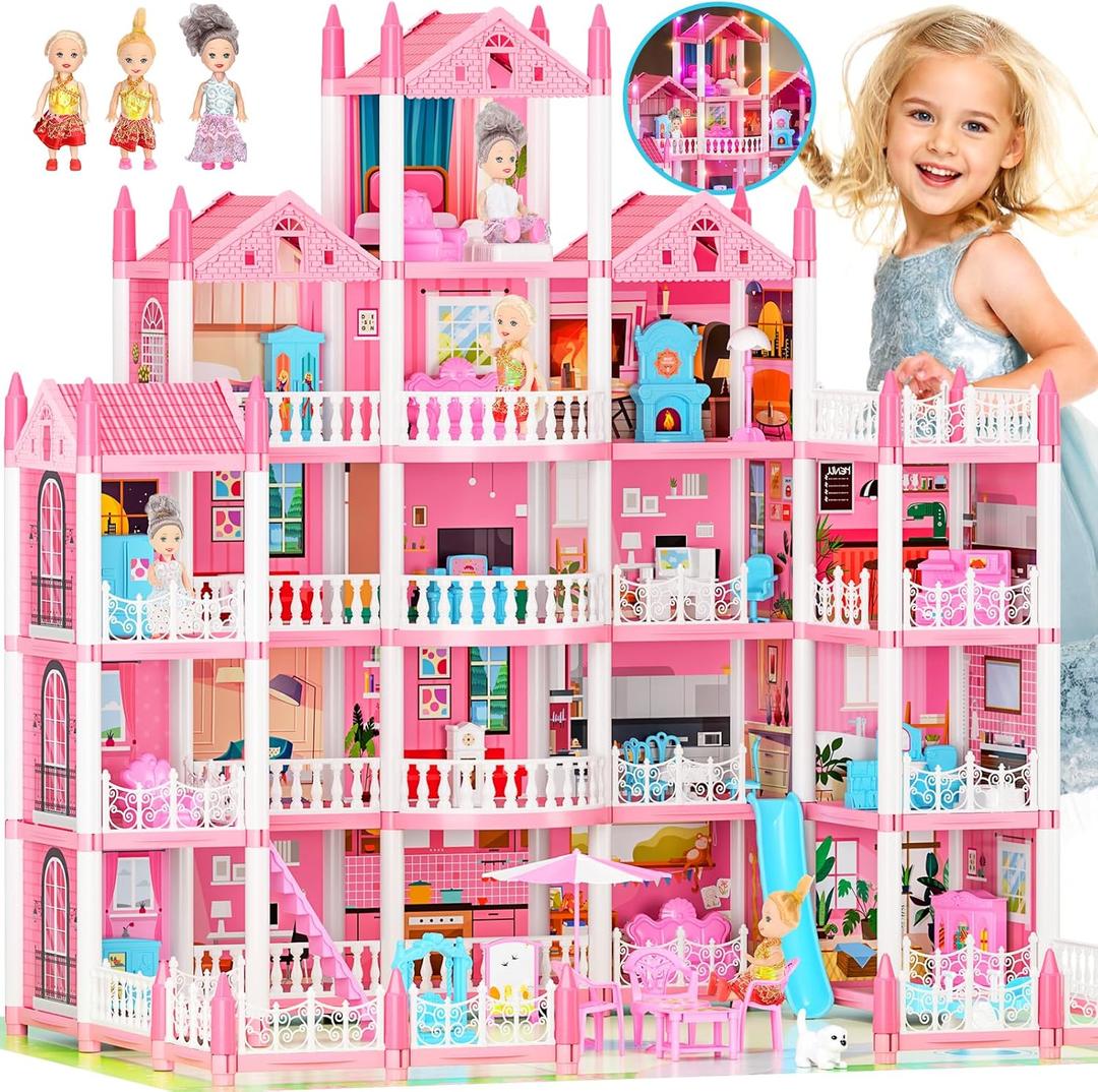 5-Story Dream Doll House for Girls with 19 Rooms, Lights, Dolls, and Furniture - Large DIY Playhouse for Grils Ages 6-16 - Perfect Imaginative STEM Gift for Birthdays & Holidays & Christmas