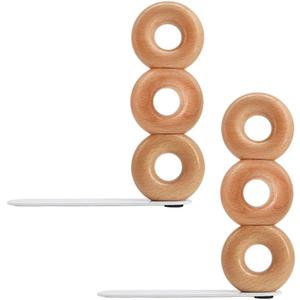 Book Ends for Shelves, 2 Handmade Walnut Wood with Metal Base Decorative Bookends for Heavy Books, Donut Cute Bookshelf Accessories,Unique Minimalist Shelf Decor for Living Room,Kitchen,Office