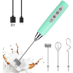 YUSWKO Baby Blue Handheld Milk Frother Wand for Coffee, Rechargeable Electric Whisk with 3 Heads 3 Speeds Drink Mixer Coffee Frother For Latte, Cappuccino, Hot Chocolate, Egg