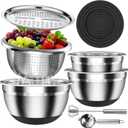Stainless Steel Mixing Bowls Set with Lids & Silicone Base - 7-Piece Kitchen Gadgets Includes Colander, Grater, Egg Separator, Whisk - Nesting Bowls (1.5, 2, 2.5, 4.5 QT), Dishwasher Safe, Black