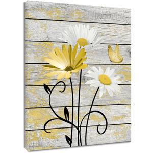 HVEST Farmhouse Yellow Floral Wall Art for Bathroom, Retro Daisy and Butterfly on Rustic Wood Canvas Wall Art Nature Flower Pictures for Living Room Bedroom Apartment Wall Decor,16L X 12W inches