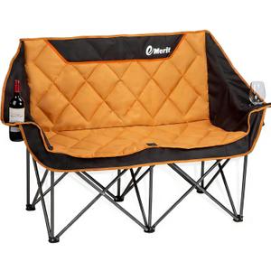 EMERIT Oversized Double Duo Camping Chair Folding Camping Loveseat 2 Person Camping Couch Heavy Duty Lawn Chairs for Outside with Padded Seats & Armrests-Support 650LBS, Orange, Full