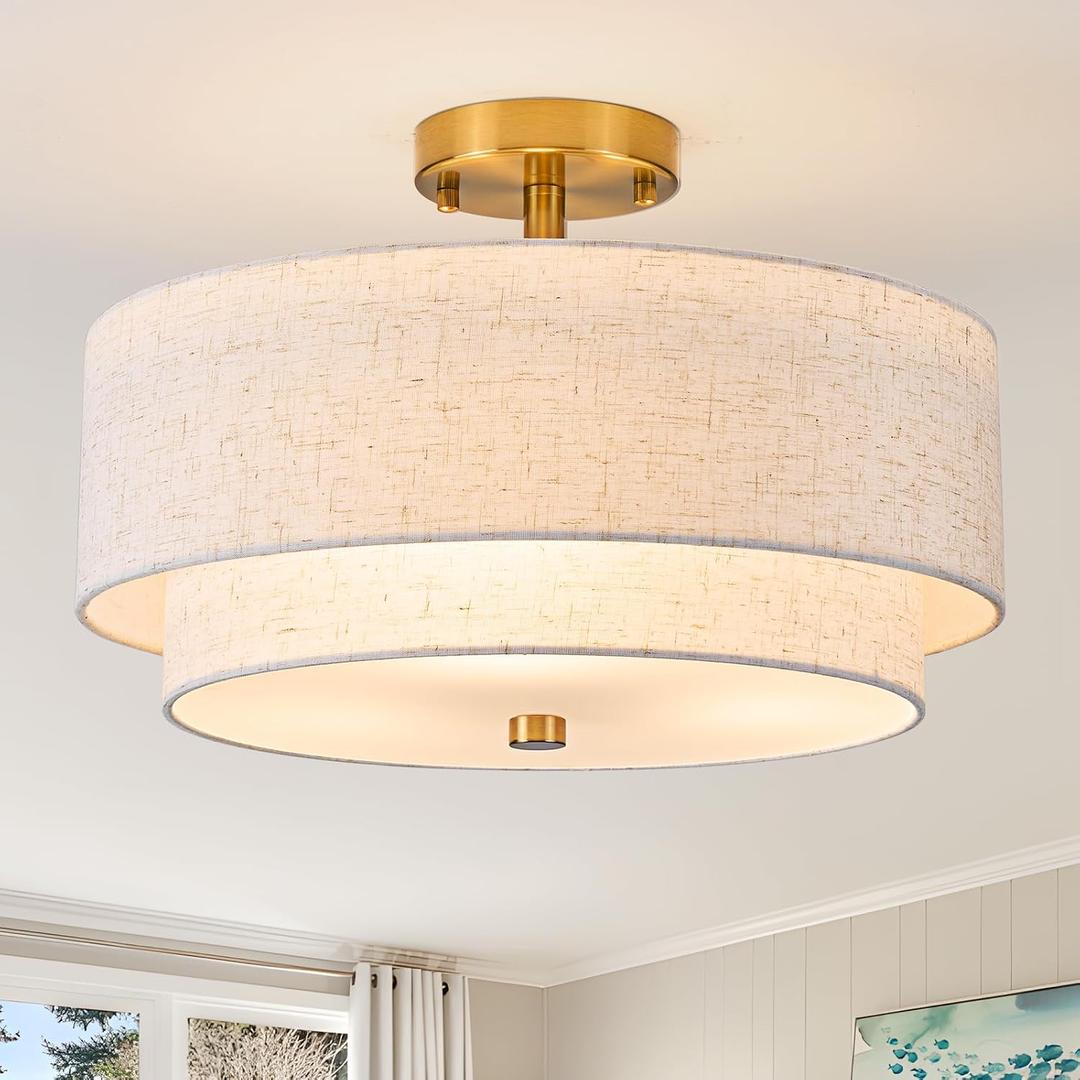3-Light Semi Flush Mount Ceiling Light,16" Close to Ceiling Light Fixtures with Farmhouse Fabric Linen Shade, Double Drum Gold Flush Mount Ceiling Light for Bedroom Living Room Kitchen Dining Room