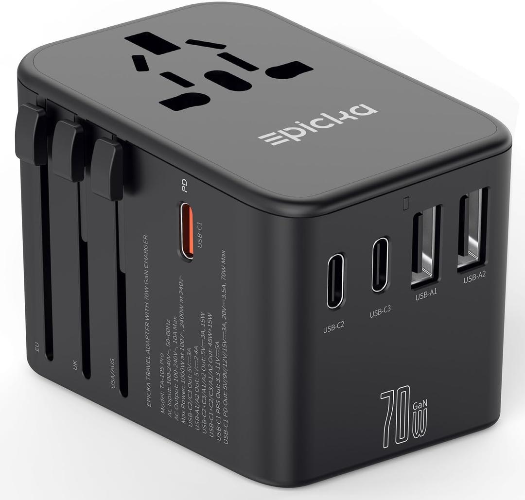 EPICKA Universal Travel Adapter, GaN International Plug Adapter with 3 USB-C 70W PD Fast Charging & 2 USB-A Adaptor All-in-one Wall Charger for USA EU UK AUS (TA-105 Pro, Black)