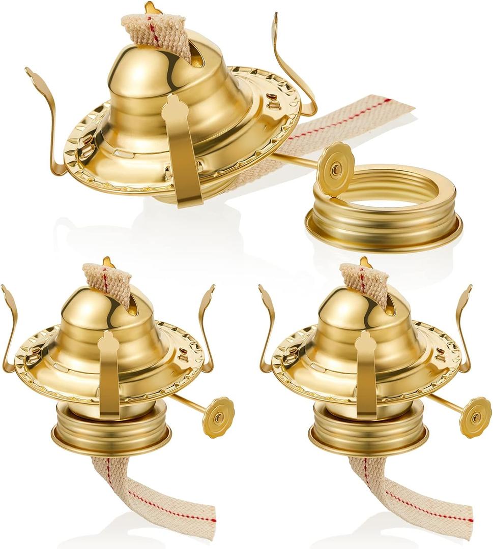 Hortsun 3 Pcs Oil Lamp Parts Burner Kerosene Brass Plated #2 Oil Lamp Chimney Holder Replacement Burner with 1 3/16" Diameter Threaded Base for Antique Hurricane Lantern (Gold)