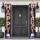 2PCS Happy Birthday Hanging Banner Porch Sign Purple Gold Balloon Letter Birthday Party Supplies Decorations Door Wall for Girls Women Adults Kids Children Classroom 71 x 12 Inch