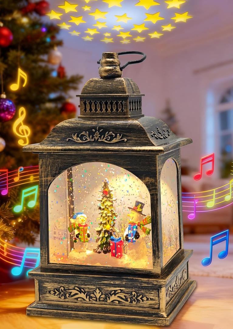 Snowman Christmas Decorations Snow Globes Lantern Lighted Water Swirling Glitter, with Stars Projection/Music, Christmas Decorations Indoor - USB/Battery Operated-Snow Globe for Kids Adults