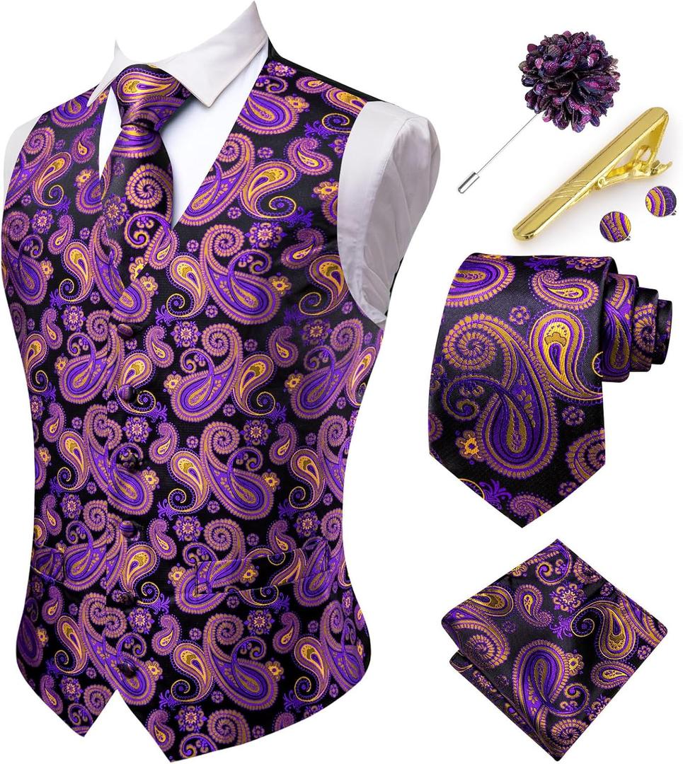 Hi-Tie Mens Suit Vest and Tie Set V-Neck Silk Paisley Formal Waistcoat Necktie Pocket Square Set for Wedding (Medium, Purple and Black) Hi-Tie Mens Suit Vest and Tie Set V-Neck Silk Paisley Formal Waistcoat Necktie Pocket Square Set for Wedding (Medium, Purple and Black)